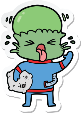 Bir insan tarafından çizilmiş garip bir uzaylı çizgi film çıkartması.