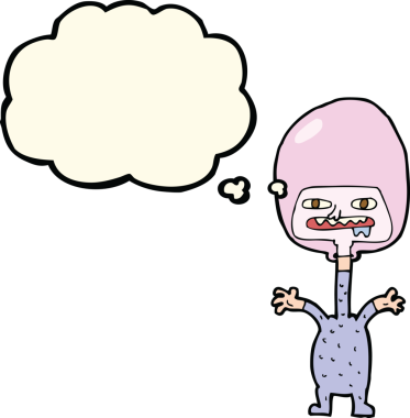 Bir insan tarafından çizilmiş düşünce baloncuğu olan bir uzaylı çizgi filmi.