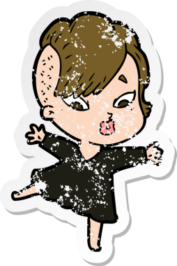 Bir insan tarafından çizilmiş siyah elbiseli bir kızı şaşırtan karikatür çıkartması.