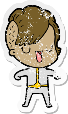 Hipster saç kesimi bir insan tarafından çizilmiş tatlı bir çizgi film kızına ait sıkıntılı bir etiket.