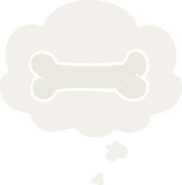 Düşünce baloncuğu olan karikatür kemiği insan tarafından çizilmiş.