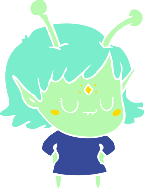 Bir insan tarafından çizilmiş düz renkli uzaylı kız çizgi filmi.