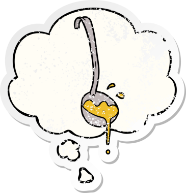 Düşünce baloncuklu çorba kepçesi insan tarafından çizilmiş yıpranmış bir çıkartma gibi.