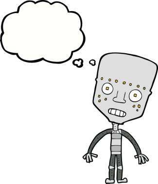 Bir insan tarafından çizilmiş düşünce baloncuklu çizgi film robotu