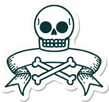 Bir insan tarafından çizilmiş kafatasının pankartıyla dövme stili etiketi