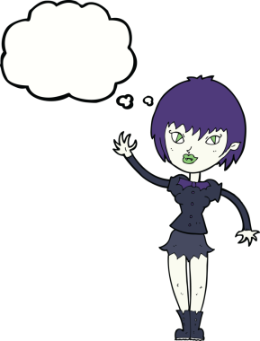 Bir insan tarafından çizilmiş düşünce balonlu vampir kız.