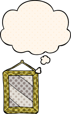 Çizgi roman tarzında bir insan tarafından çizilmiş düşünce baloncuklu çizgi film aynası.