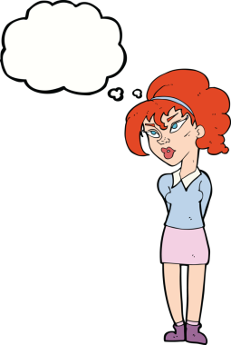 Bir insan tarafından çizilmiş düşünce baloncuğuyla başını eğen güzel kız.