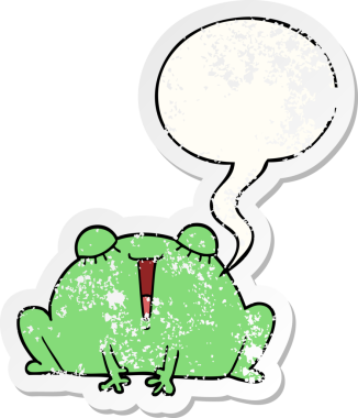 Konuşma baloncuğu olan sevimli çizgi film kurbağası bir insan tarafından çizilmiş sıkıntılı eski bir çıkartma.