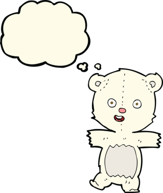 Bir insan tarafından çizilmiş düşünce baloncuklu şirin kutup ayısı yavrusu.