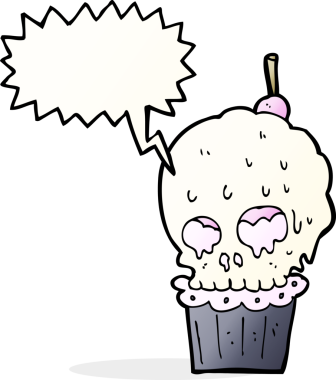 Bir insan tarafından çizilmiş konuşma baloncuklu ürkütücü kafatası keki.