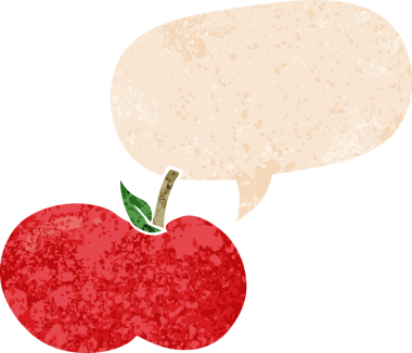 grunge ile konuşma balonu ile çizgi film elma sıkıntılı retro stil bir insan tarafından çizilmiş