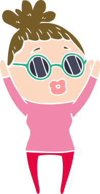 Bir insan tarafından çizilmiş güneş gözlüğü takan düz renkli çizgi film kadını.