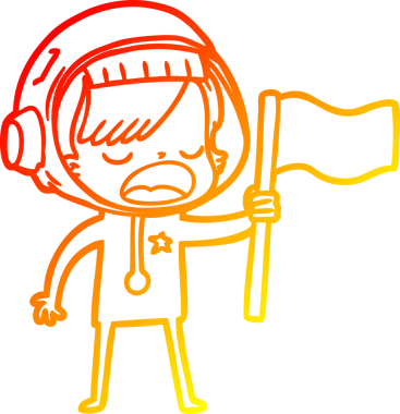 Bir insan tarafından çizilen bayrağı sallayan astronot bir kadının sıcak çizgi çizimi