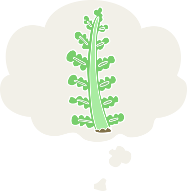 Düşünce baloncuğu olan karikatür bitkisi insan tarafından çizilmiş.