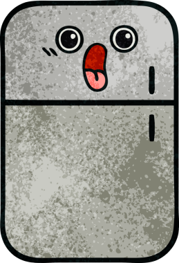 Bir insan tarafından çizilmiş buzdolabının retro grunge desenli karikatürü.