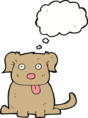 Bir insan tarafından çizilmiş düşünce baloncuklu çizgi film köpeği.