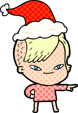 Sevimli el çizimi çizgi roman tarzı bir resim. Hipster saç kesimi olan bir kız. Noel Baba şapkası takıyor.