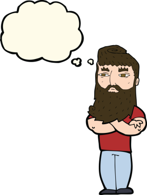 Bir insan tarafından çizilmiş sakallı, ciddi bir çizgi film karakteri.