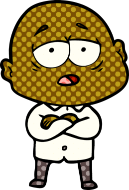 Bir insan tarafından çizilmiş yorgun, kel bir adam.