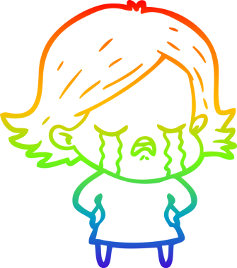 Gökkuşağı gradyan çizimi bir insan tarafından çizilmiş ağlayan bir çizgi kız çizimi