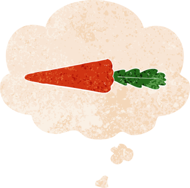 Düşünce baloncuklu çizgi film havucu grunge sıkıntı retro dokuma tarzı bir insan tarafından çizilmiş