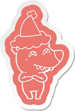 Bir insan tarafından çizilmiş Noel Baba şapkası takan bir ayının garip çizgi film etiketi.