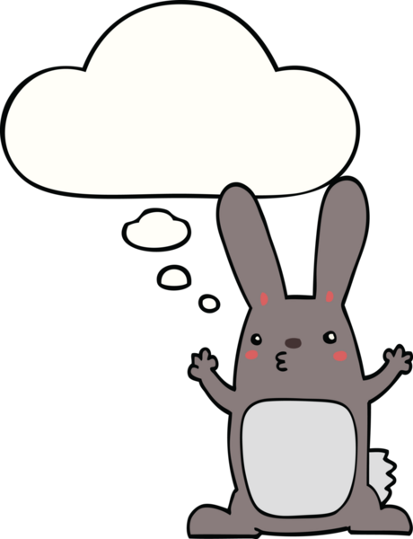 Bir insan tarafından çizilmiş düşünce kabarcığı olan çizgi film tavşanı.
