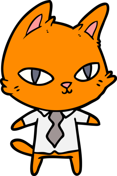 Bir insan tarafından çizilmiş ofis kıyafetleri içindeki çizgi film kedisi.