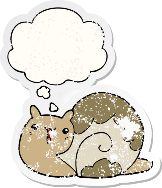 Düşünce baloncuğu olan sevimli çizgi film salyangozu bir insan tarafından çizilmiş yıpranmış bir çıkartma.