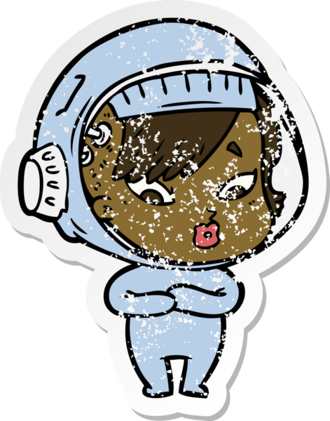 Bir insan tarafından çizilmiş karikatür astronot kadının sıkıntılı çıkartması.