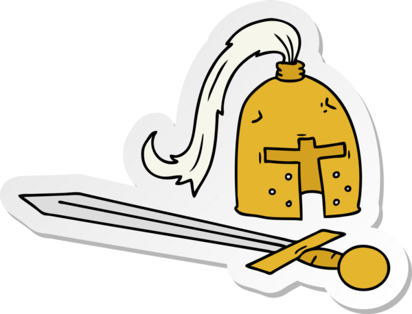 Bir insan tarafından çizilmiş ortaçağ miğferi ve kılıcının el çizimi karikatürü.