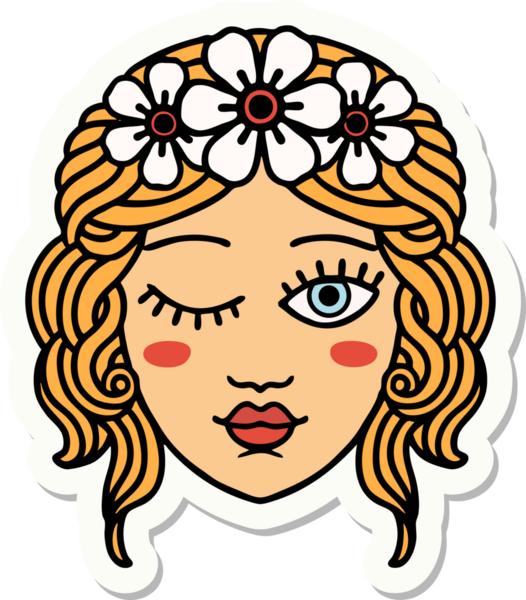 Geleneksel stil dövme çıkartması. Bir insan tarafından çizilmiş yüzü olan bakireler.