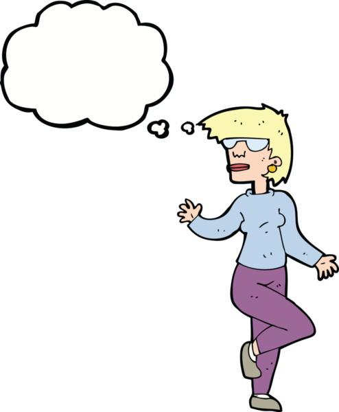 Bir insan tarafından çizilmiş düşünce baloncuğuyla el sallayan çizgi film kadını.