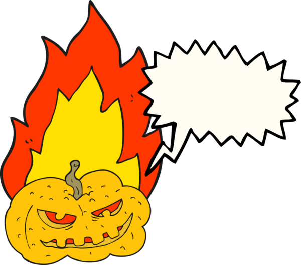 Bir insan tarafından çizilmiş alevli Cadılar Bayramı balkabağı karikatürü.