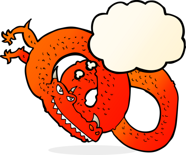 Bir insan tarafından çizilmiş düşünce baloncuklu çizgi film ejderhası.