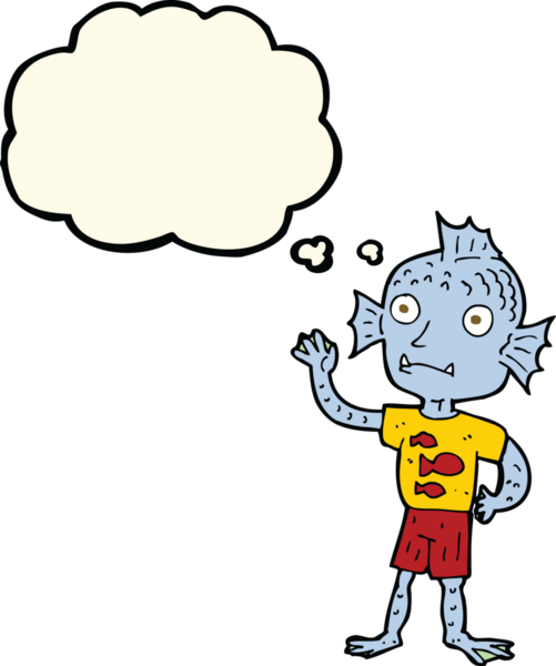 Bir insan tarafından çizilmiş düşünce balonlu balık çocuk.