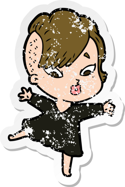 Bir insan tarafından çizilmiş siyah elbiseli bir kızı şaşırtan karikatür çıkartması.