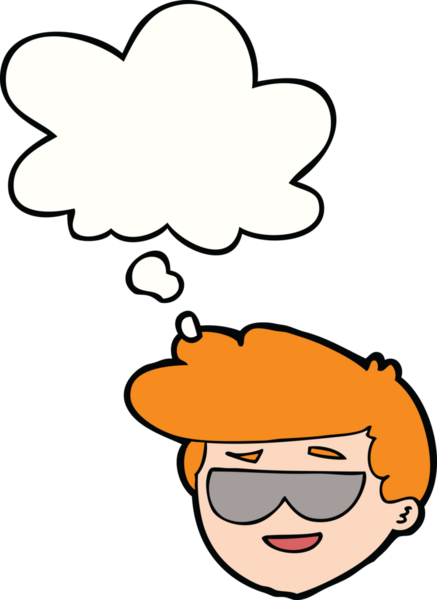 Düşünce baloncuğu çizilmiş güneş gözlüğü takan çizgi film çocuğu.