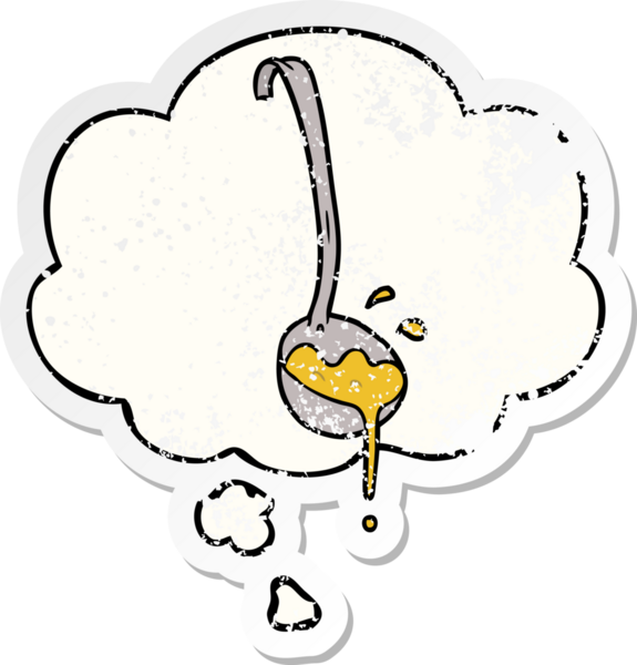 Düşünce baloncuklu çorba kepçesi insan tarafından çizilmiş yıpranmış bir çıkartma gibi.