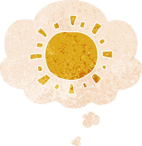 Düşünce baloncuklu karikatür güneşi bir insan tarafından çizilmiş sıkıntılı retro stil