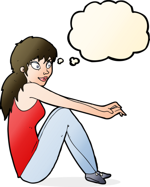 Bir insan tarafından çizilmiş düşünce baloncuğuyla oturan mutlu bir kadın.