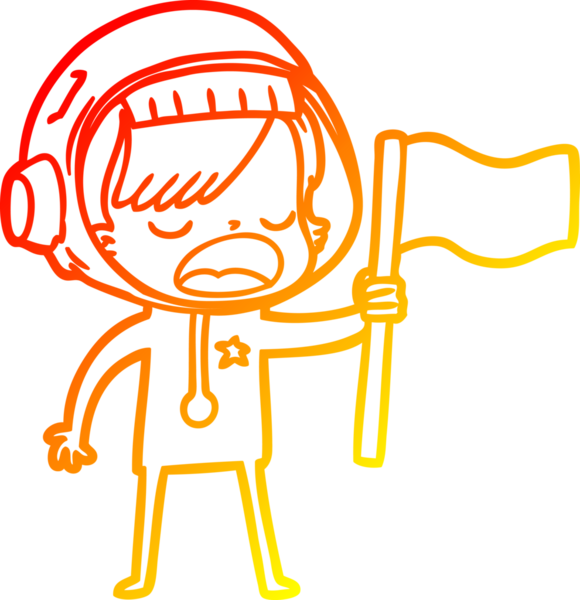 Bir insan tarafından çizilen bayrağı sallayan astronot bir kadının sıcak çizgi çizimi