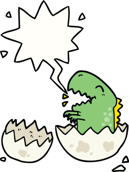 Bir insan tarafından çizilmiş konuşma baloncuğuyla yumurtadan çıkan karikatür dinozoru.