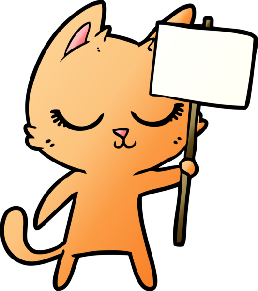 Bir insan tarafından çizilmiş pankartlı sakin çizgi film kedisi.