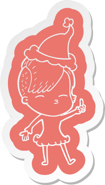 Bir insan tarafından çizilmiş Noel Baba şapkası giyen şaşı bir kızın garip çizgi film etiketi.