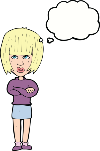Bir insan tarafından çizilmiş düşünce baloncuğuyla rahatsız bir kadın.