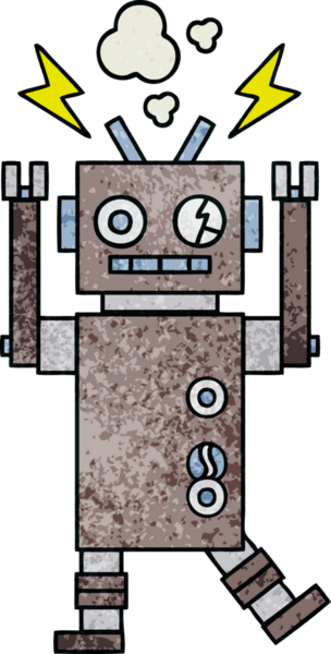 Bir insan tarafından çizilmiş arızalı bir robotun retro grunge desen karikatürü