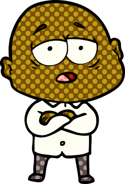 Bir insan tarafından çizilmiş yorgun, kel bir adam.