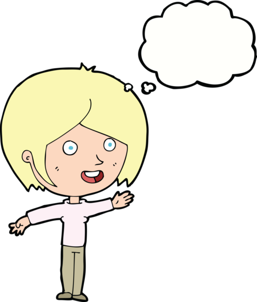 Bir insan tarafından çizilmiş düşünce baloncuğuyla el sallayan mutlu bir kız.